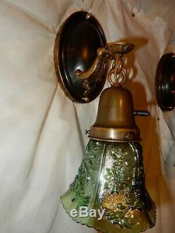 Art Nouveau Brass Sconces Green Carnival Art Glass Shades