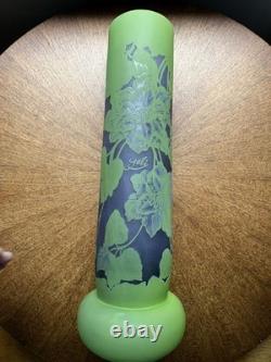Art Nouveau Cameo Glass Vase in Style of Emile Gallé Violet and Green 16 tall