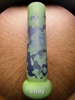 Art Nouveau Cameo Glass Vase in Style of Emile Gallé Violet and Green 16 tall