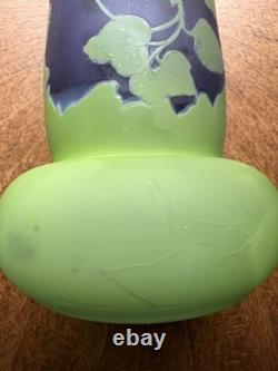 Art Nouveau Cameo Glass Vase in Style of Emile Gallé Violet and Green 16 tall