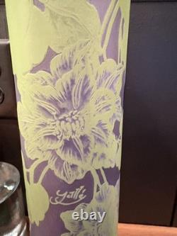 Art Nouveau Cameo Glass Vase in Style of Emile Gallé Violet and Green 16 tall