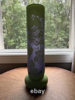 Art Nouveau Cameo Glass Vase in Style of Emile Gallé Violet and Green 16 tall