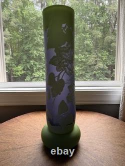 Art Nouveau Cameo Glass Vase in Style of Emile Gallé Violet and Green 16 tall