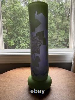 Art Nouveau Cameo Glass Vase in Style of Emile Gallé Violet and Green 16 tall