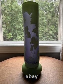 Art Nouveau Cameo Glass Vase in Style of Emile Gallé Violet and Green 16 tall