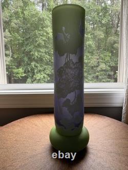 Art Nouveau Cameo Glass Vase in Style of Emile Gallé Violet and Green 16 tall