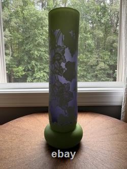 Art Nouveau Cameo Glass Vase in Style of Emile Gallé Violet and Green 16 tall