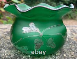 Art Nouveau Carl Goldberg Haida Bohemian Glass Silvered Acorn Green Vase c1900