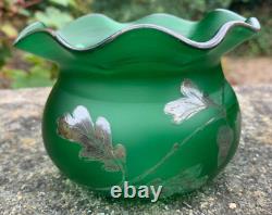 Art Nouveau Carl Goldberg Haida Bohemian Glass Silvered Acorn Green Vase c1900