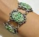 Art Nouveau Carved Apple Green Jade Jadeite Flower Filigree Silver Bracelet