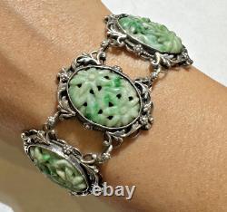 Art Nouveau Carved Apple Green Jade Jadeite Flower Filigree Silver Bracelet