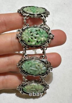 Art Nouveau Carved Apple Green Jade Jadeite Flower Filigree Silver Bracelet