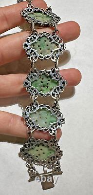 Art Nouveau Carved Apple Green Jade Jadeite Flower Filigree Silver Bracelet