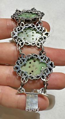 Art Nouveau Carved Apple Green Jade Jadeite Flower Filigree Silver Bracelet