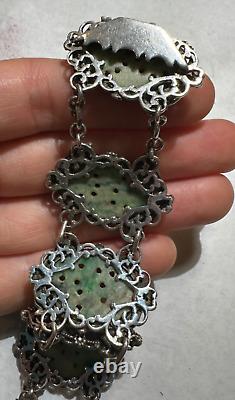 Art Nouveau Carved Apple Green Jade Jadeite Flower Filigree Silver Bracelet