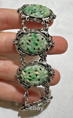 Art Nouveau Carved Apple Green Jade Jadeite Flower Filigree Silver Bracelet