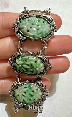 Art Nouveau Carved Apple Green Jade Jadeite Flower Filigree Silver Bracelet