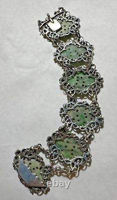 Art Nouveau Carved Apple Green Jade Jadeite Flower Filigree Silver Bracelet