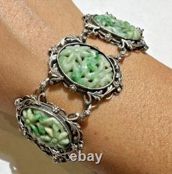 Art Nouveau Carved Apple Green Jade Jadeite Flower Filigree Silver Bracelet