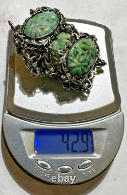 Art Nouveau Carved Apple Green Jade Jadeite Flower Filigree Silver Bracelet