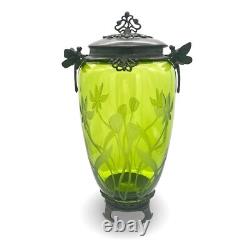 Art Nouveau Castilian Double Dragonfly Green Etched Glass Footed Vase/Urn