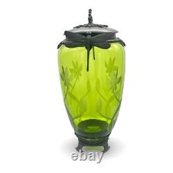 Art Nouveau Castilian Double Dragonfly Green Etched Glass Footed Vase/Urn