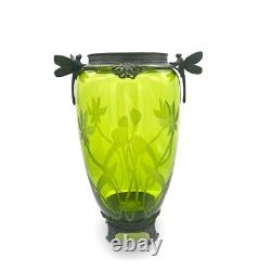 Art Nouveau Castilian Double Dragonfly Green Etched Glass Footed Vase/Urn