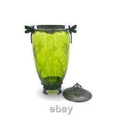 Art Nouveau Castilian Double Dragonfly Green Etched Glass Footed Vase/Urn
