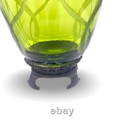 Art Nouveau Castilian Double Dragonfly Green Etched Glass Footed Vase/Urn