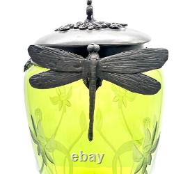 Art Nouveau Castilian Double Dragonfly Green Etched Glass Footed Vase/Urn