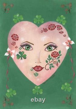 Art Nouveau Costume Mask Irish Green Clover Garden Girl Lass Red Rose Painting