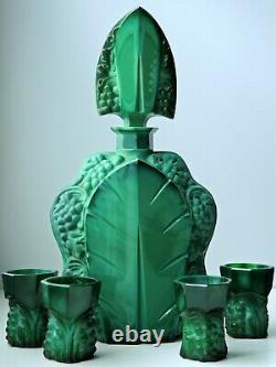 Art Nouveau Czech Bohemian Jade Green Art Glass decanter and 4 glasses