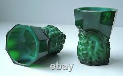 Art Nouveau Czech Bohemian Jade Green Art Glass decanter and 4 glasses