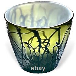 Art Nouveau Czech Bohemian Threaded Glass Vase Pot Milk Glass Chased Moss Green