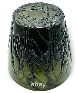 Art Nouveau Czech Bohemian Threaded Glass Vase Pot Milk Glass Chased Moss Green