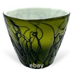Art Nouveau Czech Bohemian Threaded Glass Vase Pot Milk Glass Chased Moss Green