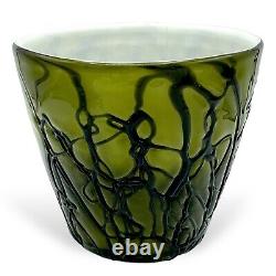 Art Nouveau Czech Bohemian Threaded Glass Vase Pot Milk Glass Chased Moss Green