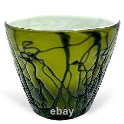 Art Nouveau Czech Bohemian Threaded Glass Vase Pot Milk Glass Chased Moss Green