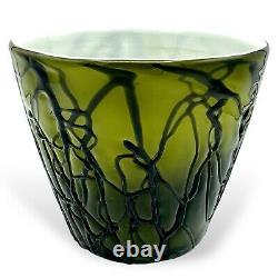 Art Nouveau Czech Bohemian Threaded Glass Vase Pot Milk Glass Chased Moss Green