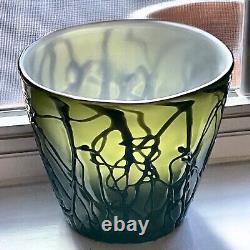Art Nouveau Czech Bohemian Threaded Glass Vase Pot Milk Glass Chased Moss Green