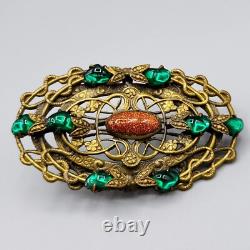 Art Nouveau Czech Green Baby Tooth Glass Cab Goldstone Snake Vine Brass Brooch