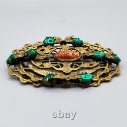 Art Nouveau Czech Green Baby Tooth Glass Cab Goldstone Snake Vine Brass Brooch