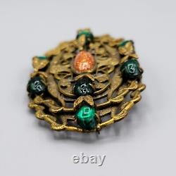 Art Nouveau Czech Green Baby Tooth Glass Cab Goldstone Snake Vine Brass Brooch