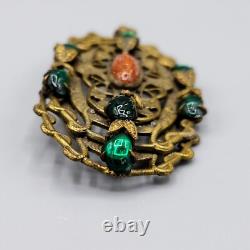 Art Nouveau Czech Green Baby Tooth Glass Cab Goldstone Snake Vine Brass Brooch