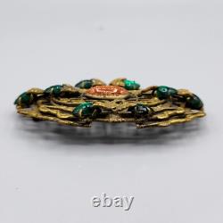 Art Nouveau Czech Green Baby Tooth Glass Cab Goldstone Snake Vine Brass Brooch