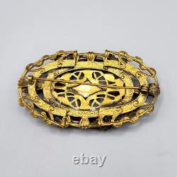 Art Nouveau Czech Green Baby Tooth Glass Cab Goldstone Snake Vine Brass Brooch