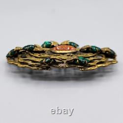 Art Nouveau Czech Green Baby Tooth Glass Cab Goldstone Snake Vine Brass Brooch