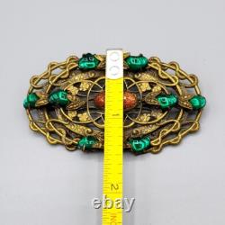 Art Nouveau Czech Green Baby Tooth Glass Cab Goldstone Snake Vine Brass Brooch