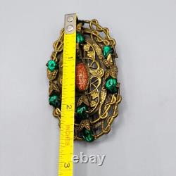 Art Nouveau Czech Green Baby Tooth Glass Cab Goldstone Snake Vine Brass Brooch