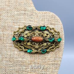 Art Nouveau Czech Green Baby Tooth Glass Cab Goldstone Snake Vine Brass Brooch
